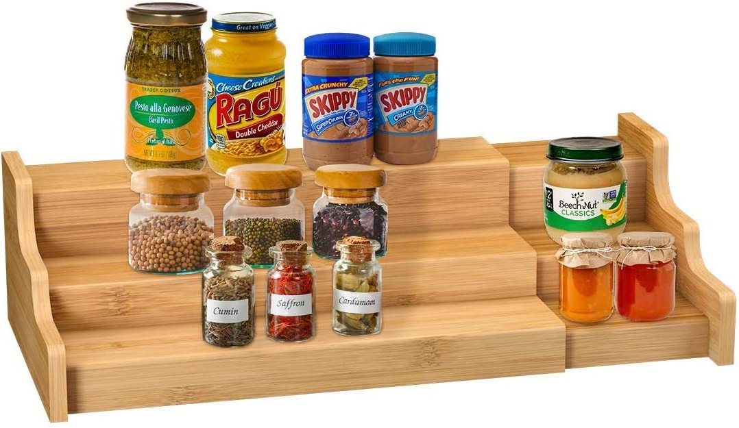 Spice Rack Kitchen Cabinet Organizer- 3 Tier Bamboo Expandable Display Shelf