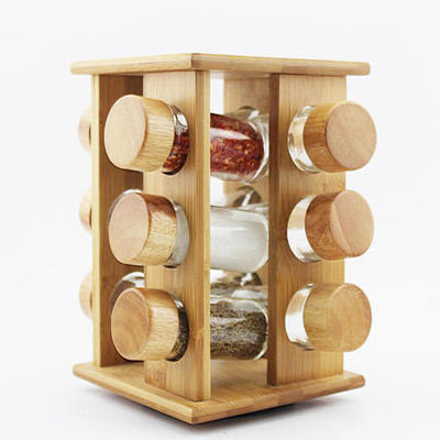 Spice Jars with Bamboo Lids Seasoning Jars for Spices Revolving Countertop Carousel Herb Wooden Spice Rack