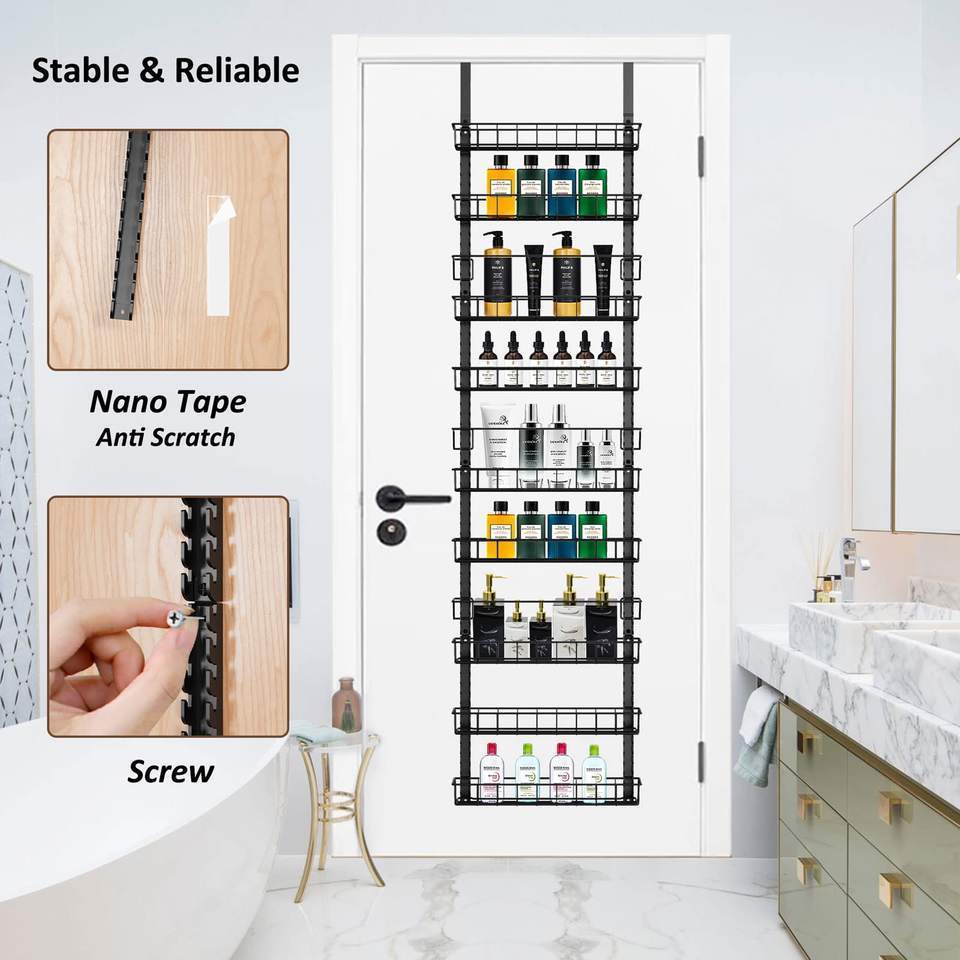 Over the Door Pantry Organizer Rack with 9 Adjustable Baskets, 9 Tiers Dual-use Spice Rack- Hanging or Wall Mount Spice Rack