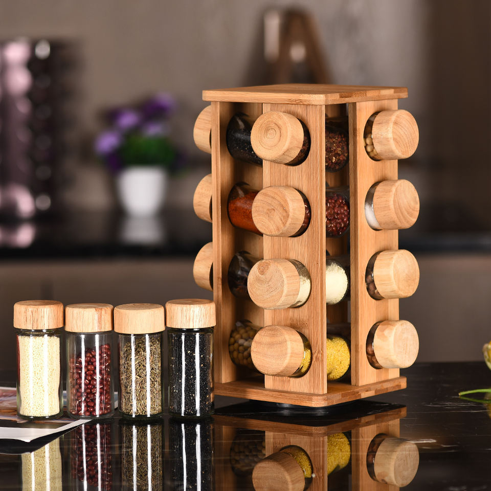 Spice Jars with Bamboo Lids Seasoning Jars for Spices Revolving Countertop Carousel Herb Wooden Spice Rack