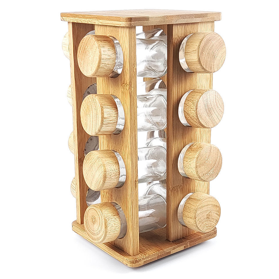 Spice Jars with Bamboo Lids Seasoning Jars for Spices Revolving Countertop Carousel Herb Wooden Spice Rack