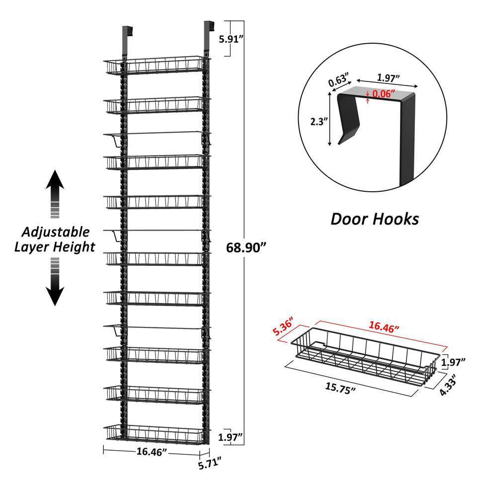 Over the Door Pantry Organizer Rack with 9 Adjustable Baskets, 9 Tiers Dual-use Spice Rack- Hanging or Wall Mount Spice Rack