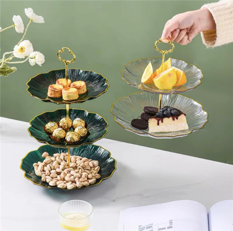 Desk Multi-Layer Cake Plate Display Decorative Dessert Fruit Dish Plates Tray Stand With Gold Handle