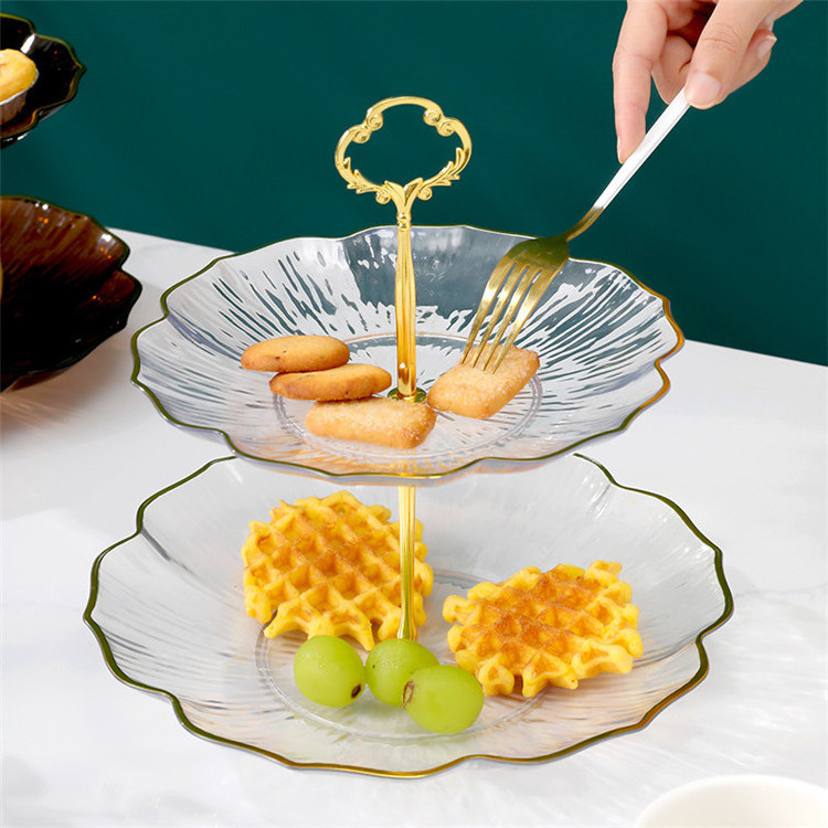 Desk Multi-Layer Cake Plate Display Decorative Dessert Fruit Dish Plates Tray Stand With Gold Handle