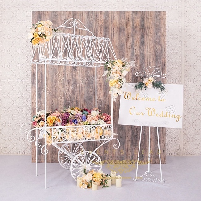 New White Flower Cart With Wood Pattaren Backdrop Party Decoration Sets For Wedding Events