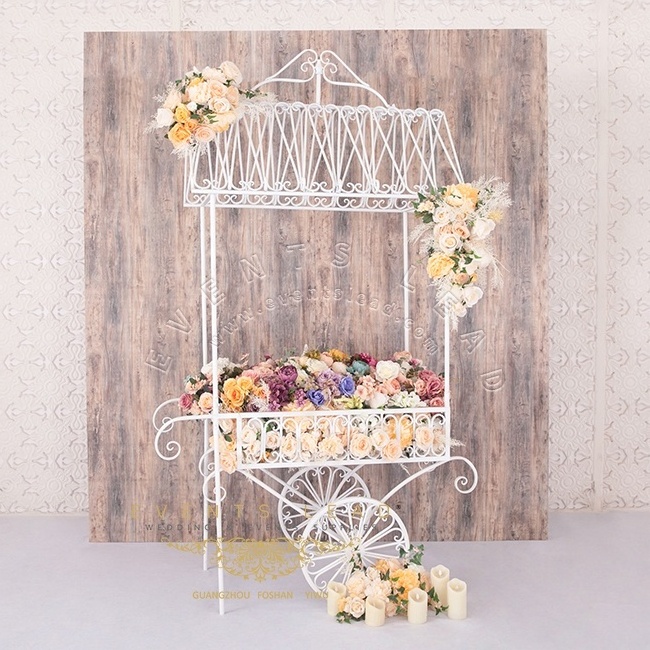 New White Flower Cart With Wood Pattaren Backdrop Party Decoration Sets For Wedding Events