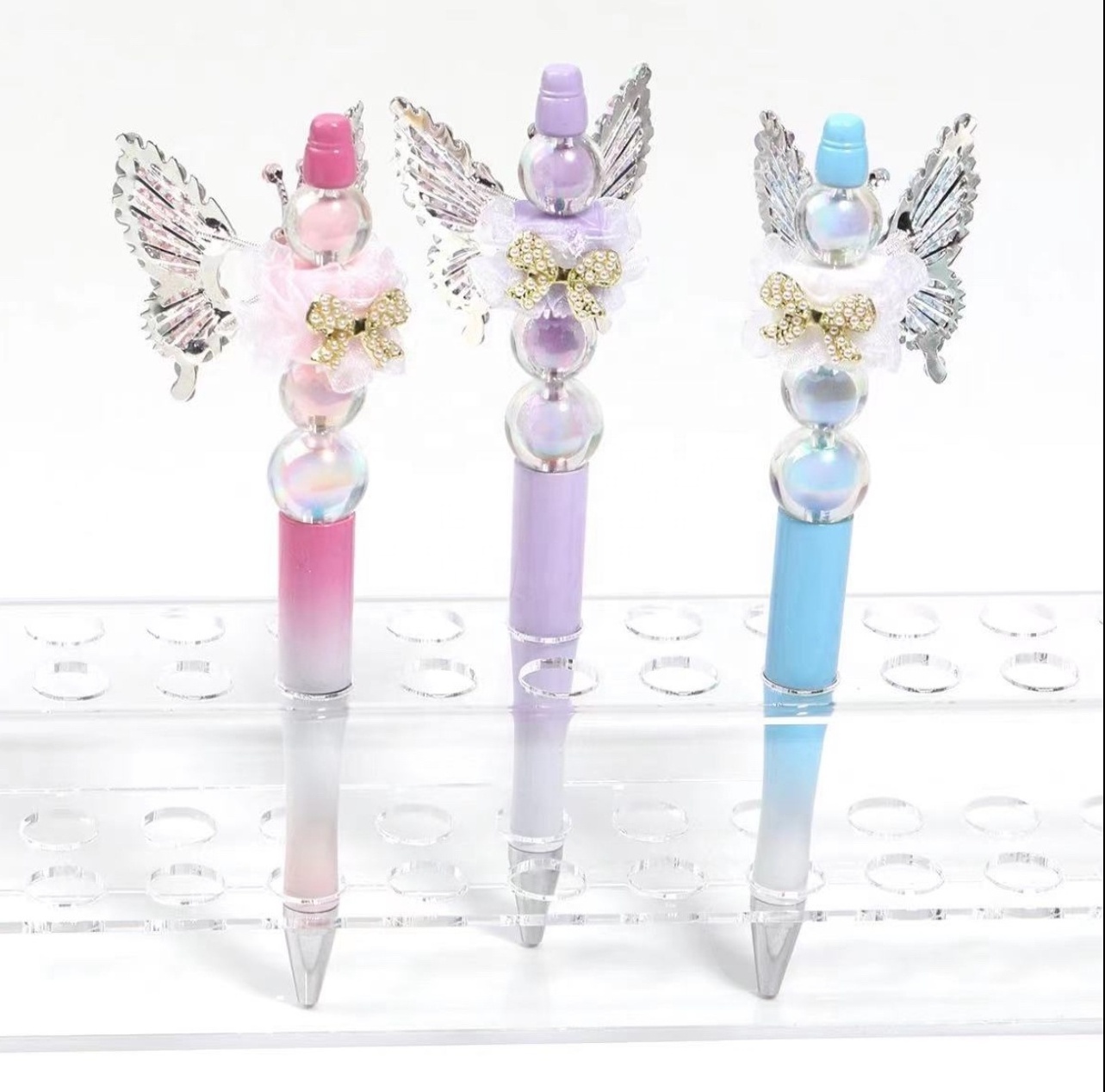 2024 New Butterfly Bling Plastic Beadable Pen Refills Black Ink Smooth Writing Pen Refills Beaded Ballpoint Pen for DIY Gift