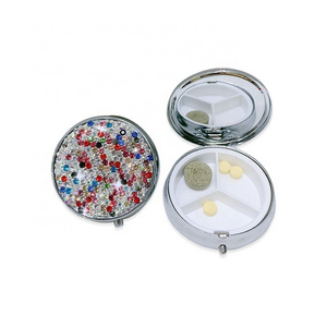 Bling Round Pill Cases Organizer Portable Crystal Gemstone Handmade Vintage Sparkly Pill Case Jewelry Medication Pill Box