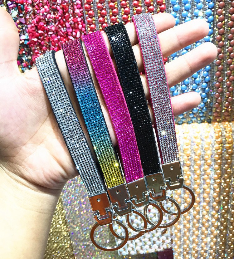 wholesale pu sparking crystal rhinestone wristlet keychain with custom lOGO name keychain key chain key ring