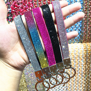 wholesale pu sparking crystal rhinestone wristlet keychain with custom lOGO name keychain key chain key ring