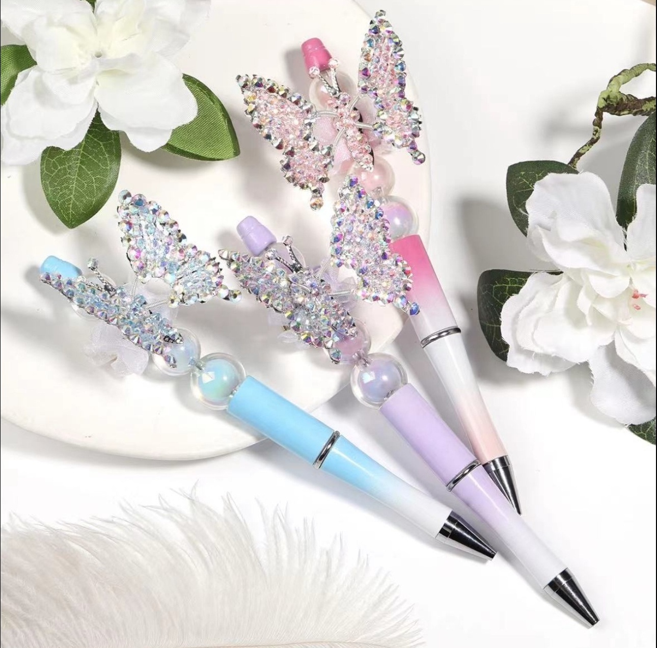 2024 New Butterfly Bling Plastic Beadable Pen Refills Black Ink Smooth Writing Pen Refills Beaded Ballpoint Pen for DIY Gift