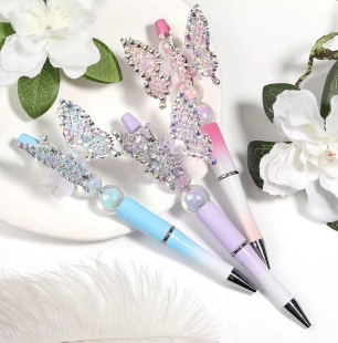 2024 New Butterfly Bling Plastic Beadable Pen Refills Black Ink Smooth Writing Pen Refills Beaded Ballpoint Pen for DIY Gift