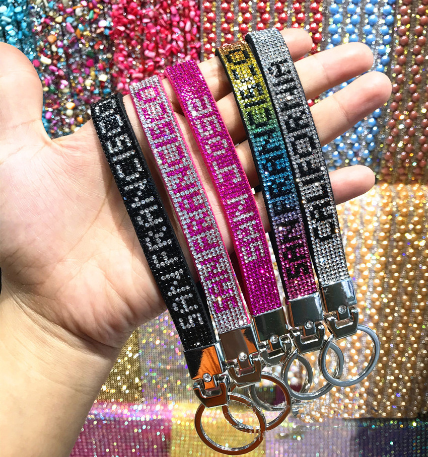 wholesale pu sparking crystal rhinestone wristlet keychain with custom lOGO name keychain key chain key ring