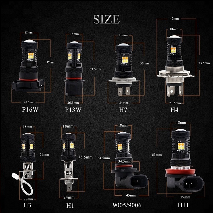 Dual Color Amber White Switchback Led Car Headlight Fog Lamp 3030 16SMD 9005 9006 H1 H3 H4 H7 H8 H11 H16 P13W Auto Bulbs