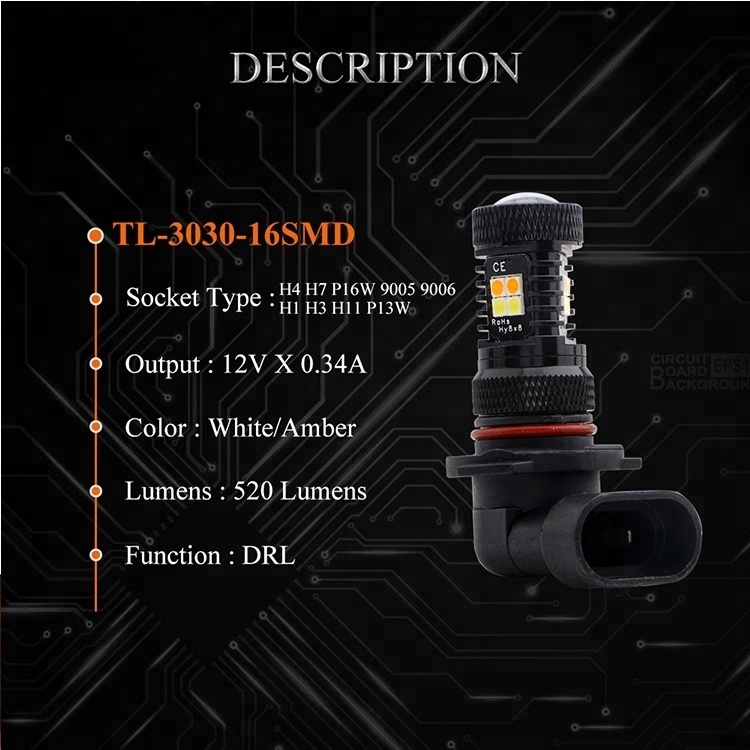 Dual Color Amber White Switchback Led Car Headlight Fog Lamp 3030 16SMD 9005 9006 H1 H3 H4 H7 H8 H11 H16 P13W Auto Bulbs