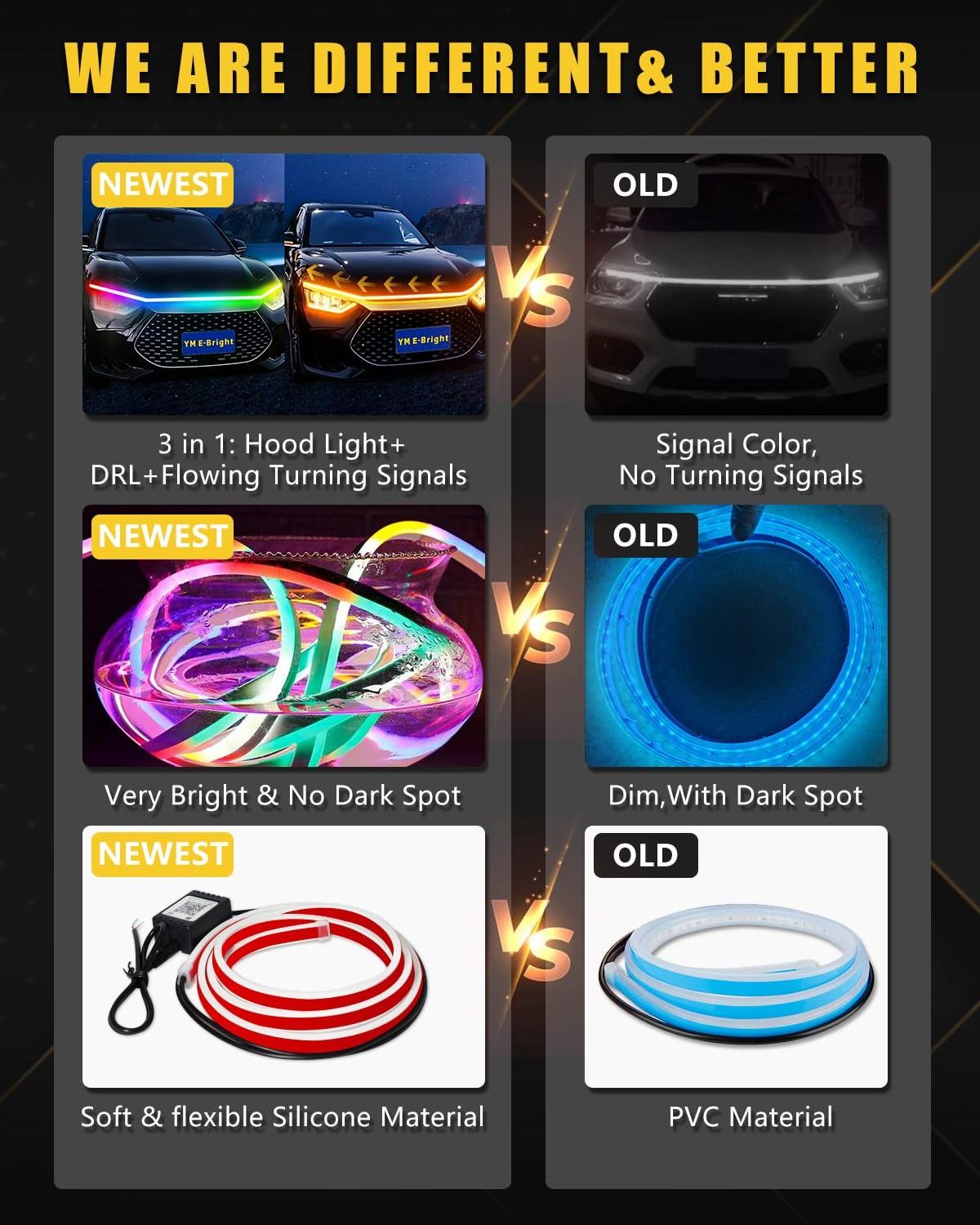 Waterproof Flexible Dynamic Hood Light Bar Headlight App Control Rgb Car Ambient Light Strip Led Hood Strip Light For Car