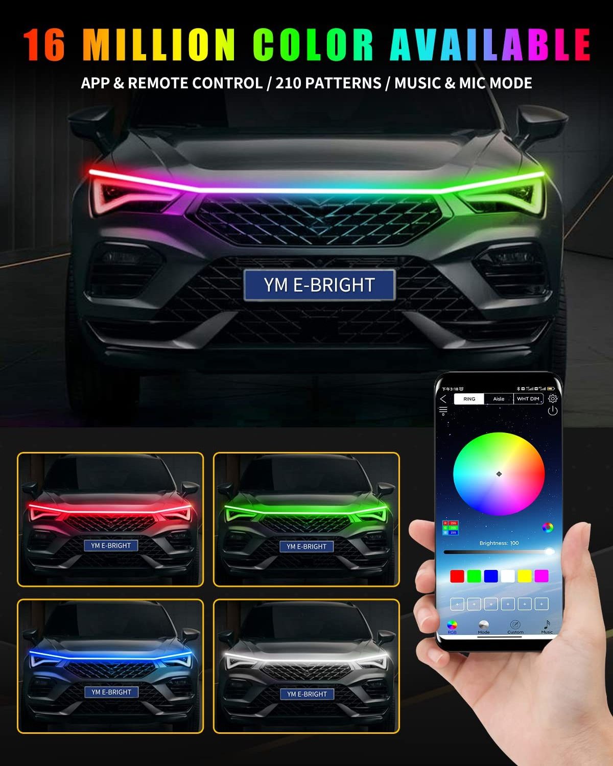 Waterproof Flexible Dynamic Hood Light Bar Headlight App Control Rgb Car Ambient Light Strip Led Hood Strip Light For Car