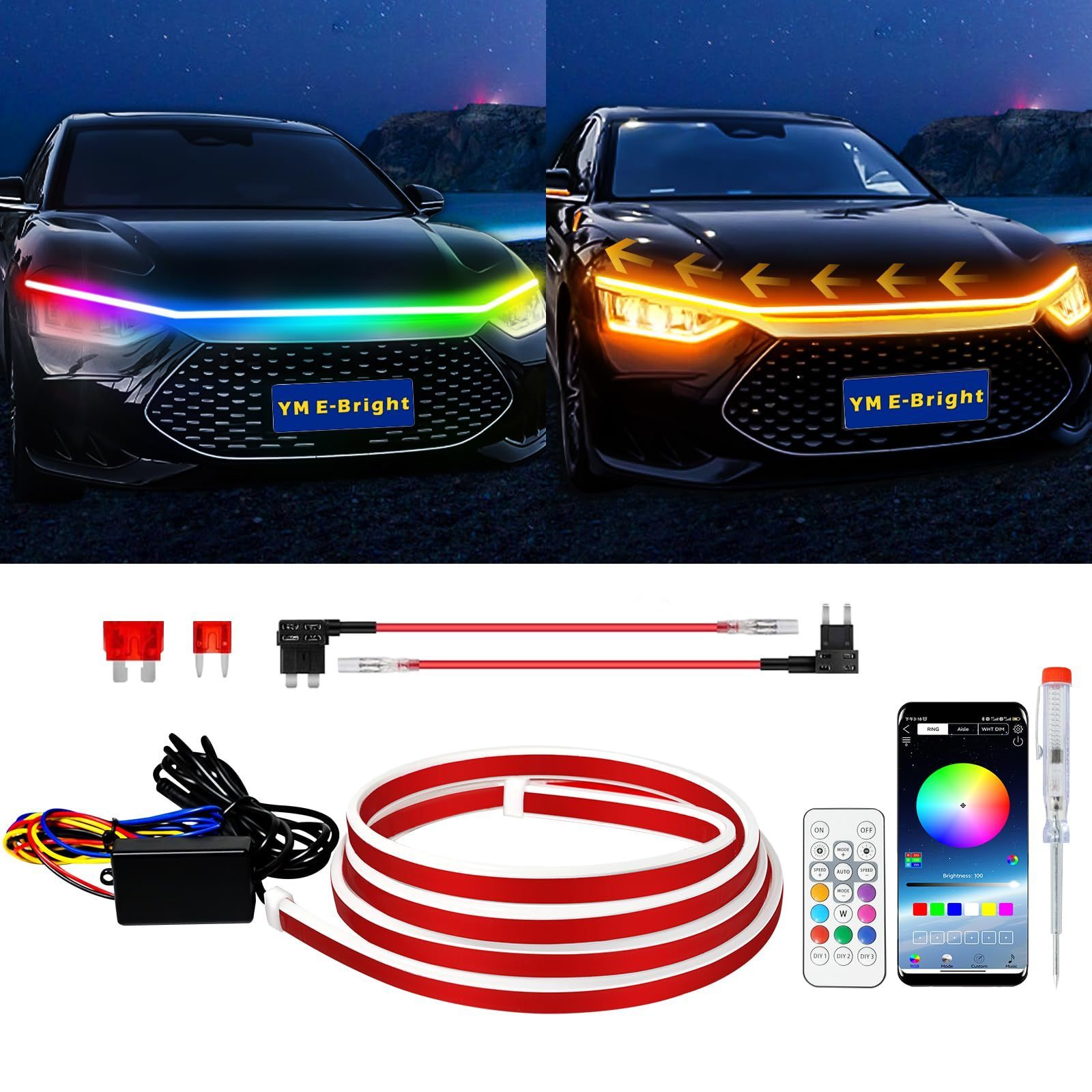 Waterproof Flexible Dynamic Hood Light Bar Headlight App Control Rgb Car Ambient Light Strip Led Hood Strip Light For Car