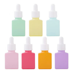 Colorful perfume dispensing bottle, macaron color flat square glass bottle with dropper