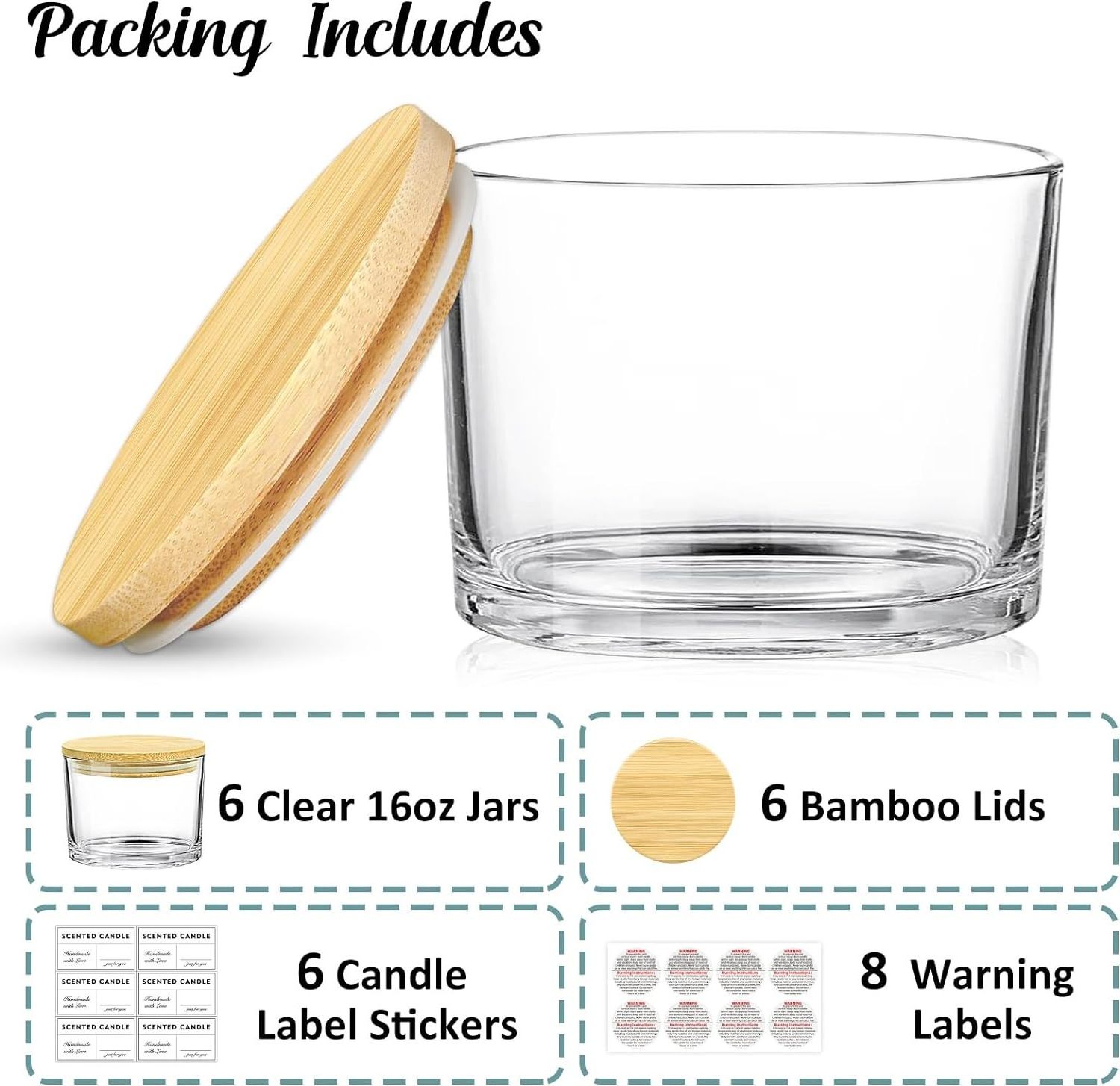 16 oz 3-wick large empty clear glass candle jar with bamboo lid, stickers and labels, dishwasher safe