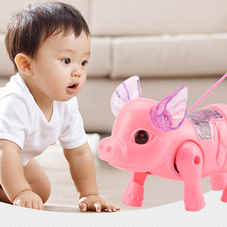 Funny Promotion Voice Cute Pig Electric Toys Animal Walking Light Up Toys Games Kids Luminous Fiber Rope Walking Toys