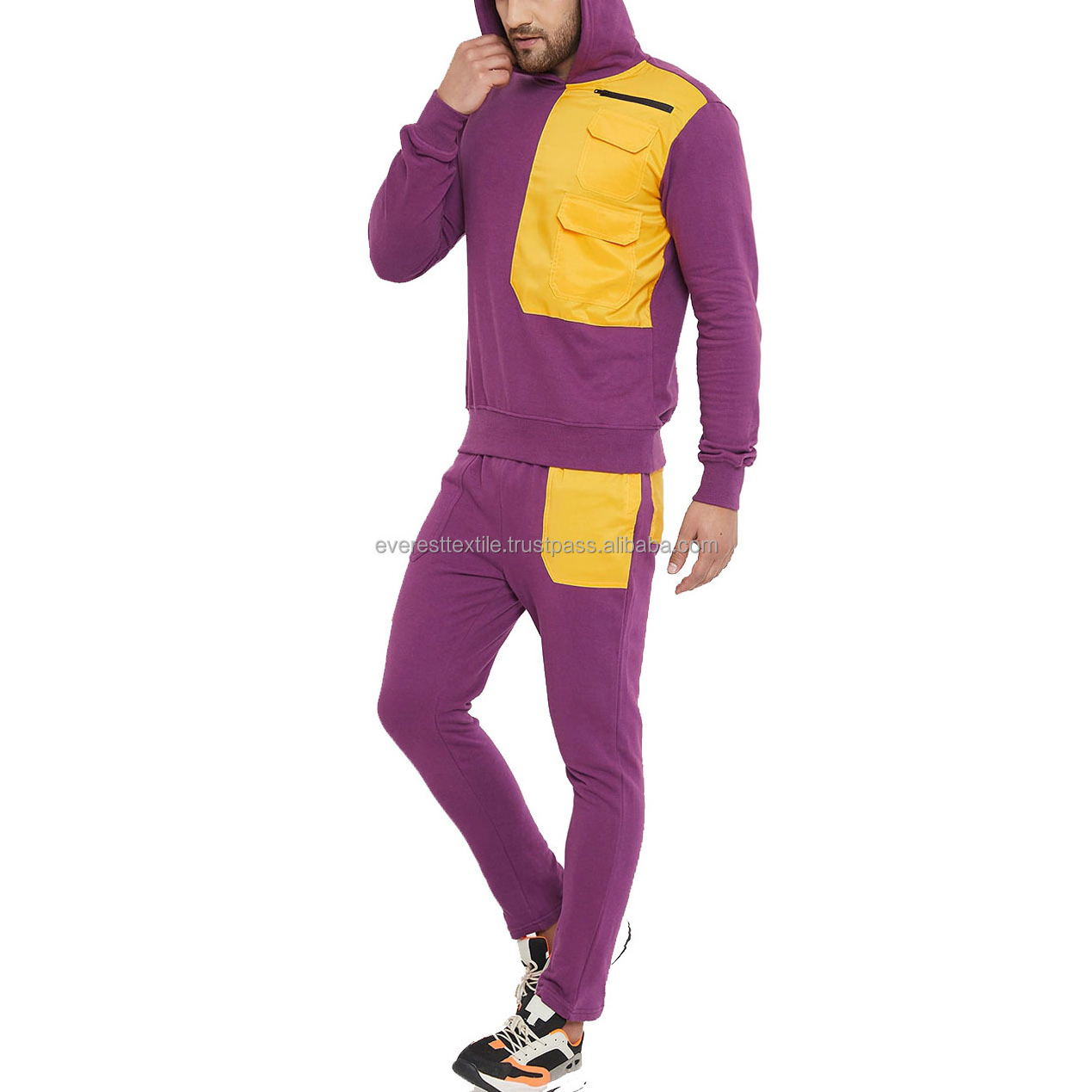 Custom Tracksuits For Men's Beautiful Color Block Purple And Yellow Color Tracksuit Cotton Fleece Lightweight Tracksuits