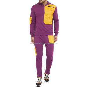 Custom Tracksuits For Men's Beautiful Color Block Purple And Yellow Color Tracksuit Cotton Fleece Lightweight Tracksuits