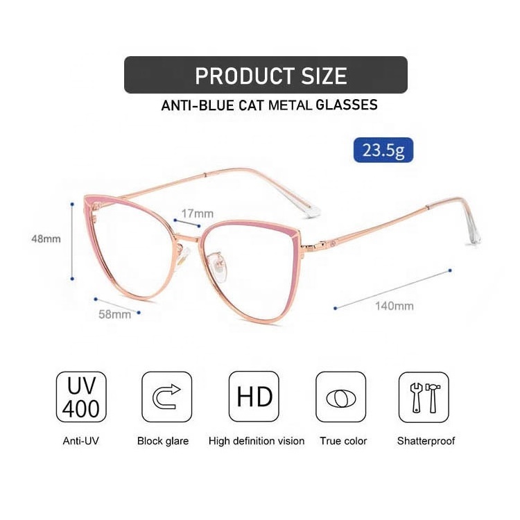 Eyewear Trendy Cat Eye Metal Frames Spectacle Glasses Anti Blue Light Optical Frame Women Eyeglasses Wholesale