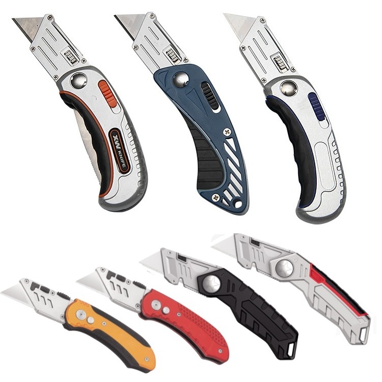 Utility Knife Box Cutter Retractable Folding Razor Knife Set Heavy Duty Safety Cutter ZINC Alloy TPR 5pcs 19mm SK5 Sharp Blades