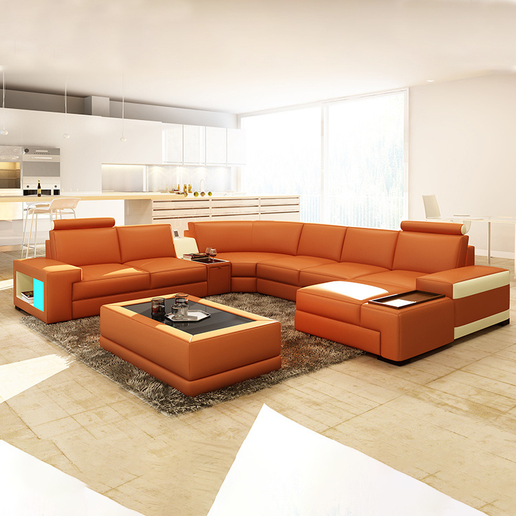 Evergo Modern Multifunctional Sectional leather Sofa set with music player, led light, bookcase, coffee table