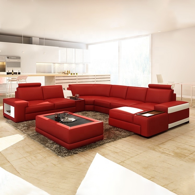 Evergo Modern Multifunctional Sectional leather Sofa set with music player, led light, bookcase, coffee table