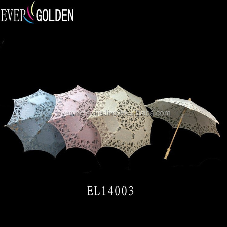 Products Sell Cheap Lace Wedding Parasol Umbrella Wooden Shaft Cotton Lace Parasol