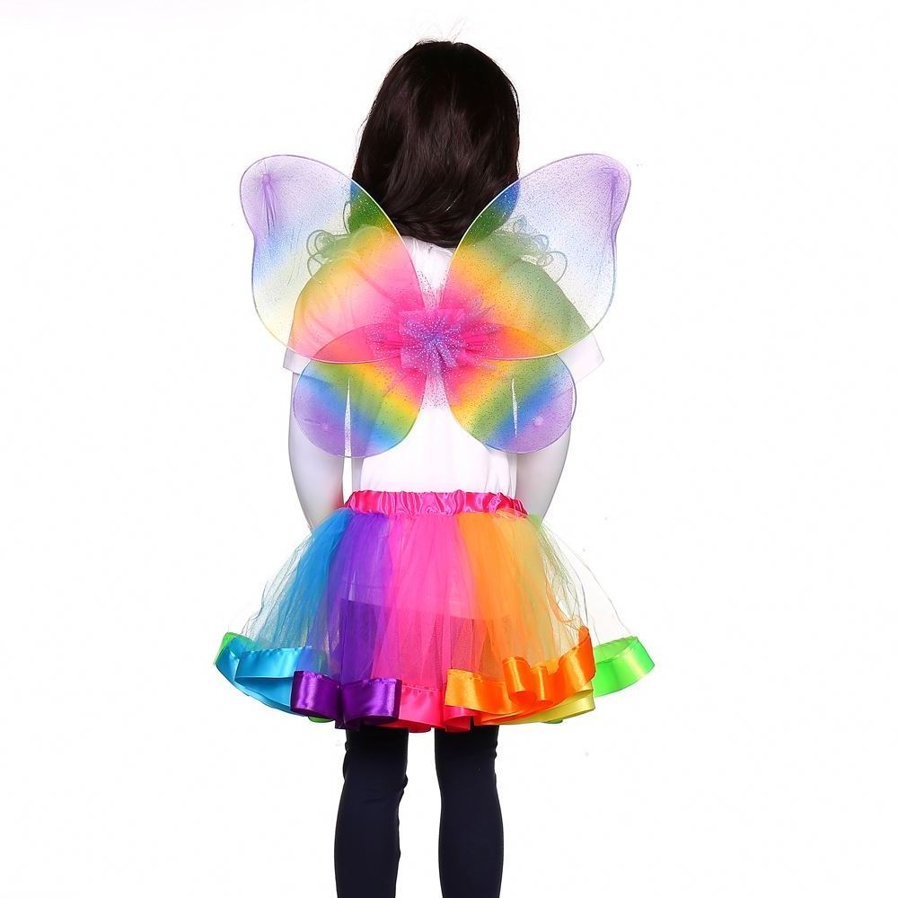 Hot sale brilliant Rainbow tulle  ribbon tutu skirt glitter bright color butterfly wings tutu skirt set for girl party birthday