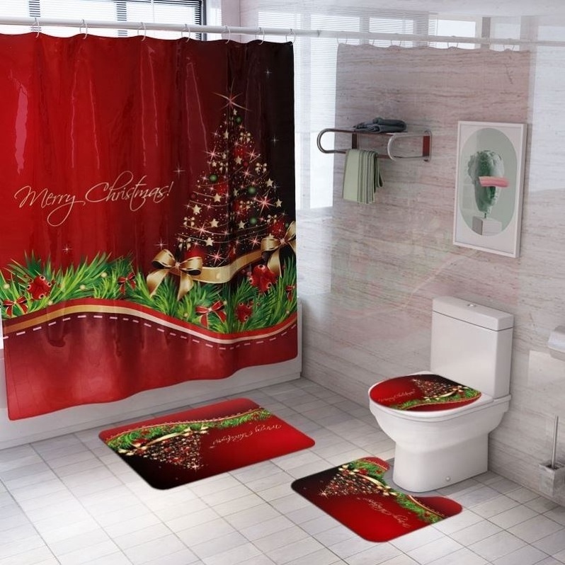 High Quality Shower Curtain Bath Mat Set 12 Plastic Hooks Polyester 3D Christmas Shower Curtain