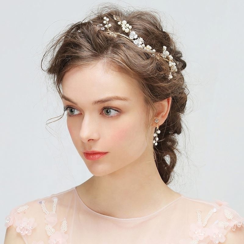 Fashion Handmade Pearl Bridal Wedding Headbands Hair Vine Earring Set Princess Headpiece For Women