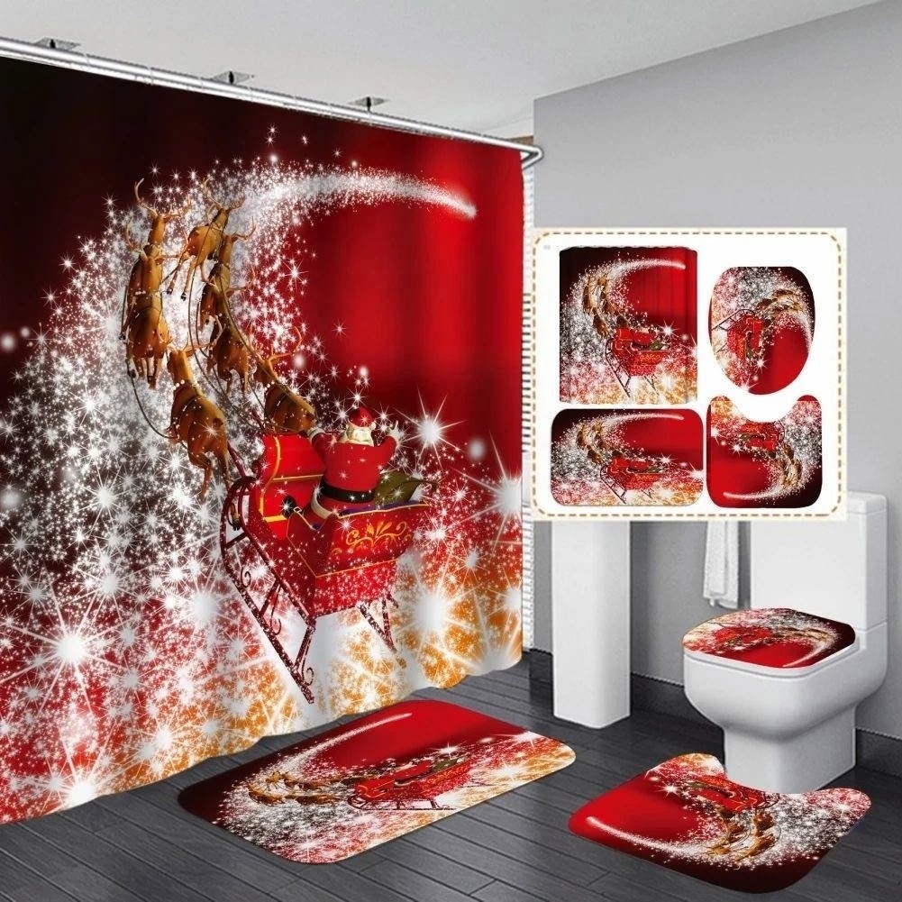 High Quality Shower Curtain Bath Mat Set 12 Plastic Hooks Polyester 3D Christmas Shower Curtain