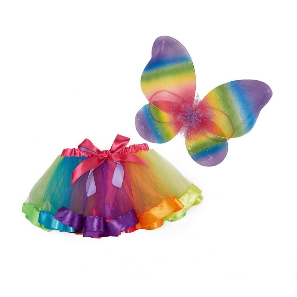 Hot sale brilliant Rainbow tulle  ribbon tutu skirt glitter bright color butterfly wings tutu skirt set for girl party birthday