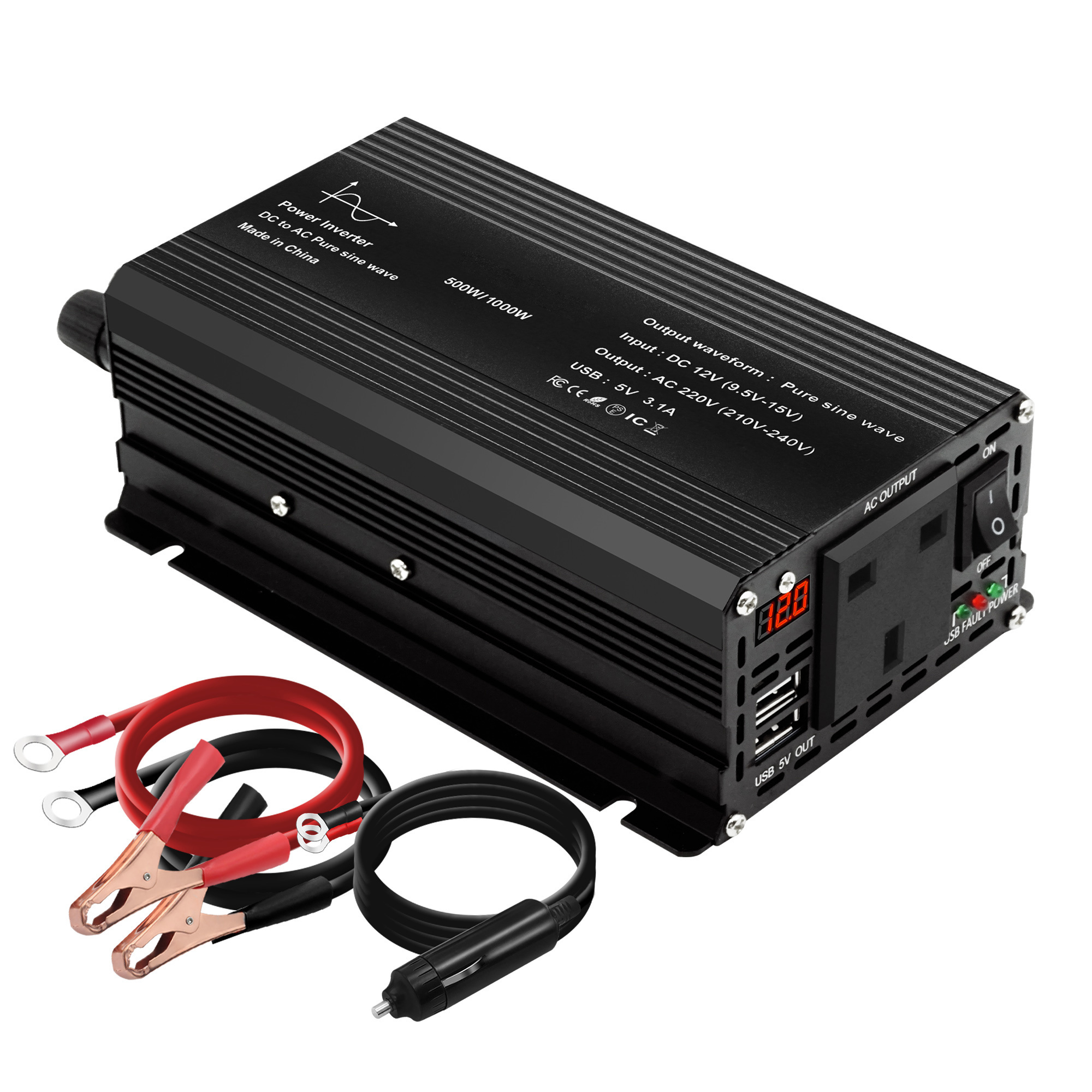 500 watt DC 12v To AC 220v Battery or Cigar Lighter 1000w Pure Sine Wave Inverter