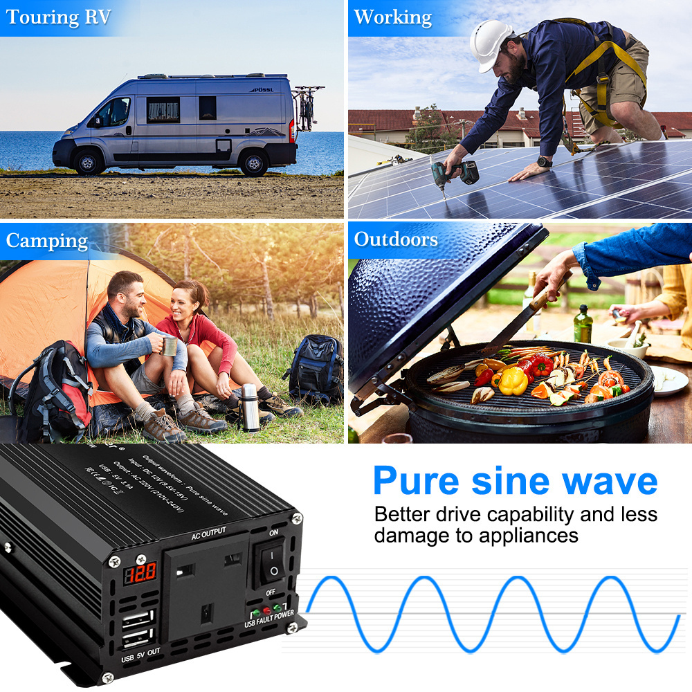 500 watt DC 12v To AC 220v Battery or Cigar Lighter 1000w Pure Sine Wave Inverter