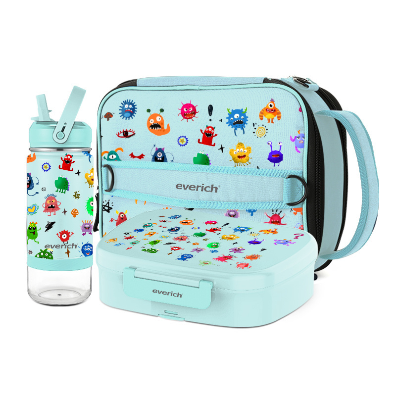 Cute kids bento lunch box with water bottle and lunch bag sets bpa free eco-friendly lunch box kids