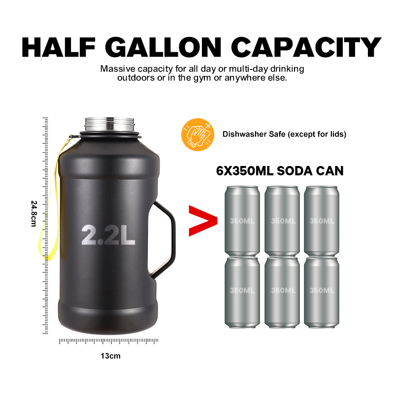 2023 New Arrival Half Gallon 2.2L Stainless Steel Sports Gym Bottle Water Jug With Handle