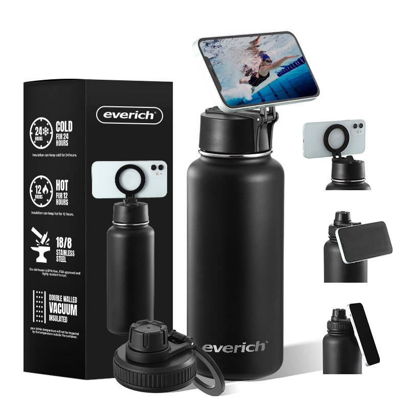 Most Popular Custom Gym Sports Camping Thermal Insulated Wide Mouth Stainless Steel Water Bottle With Magnetic Lid Phone Holder