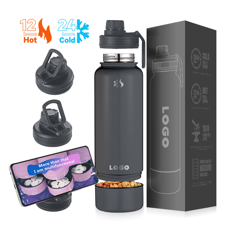 2024 ODM Vacuum Flask Double Wall Stainless Steel Insulated Water Bottles With Phone Holder Lid Tripod Function For Sports