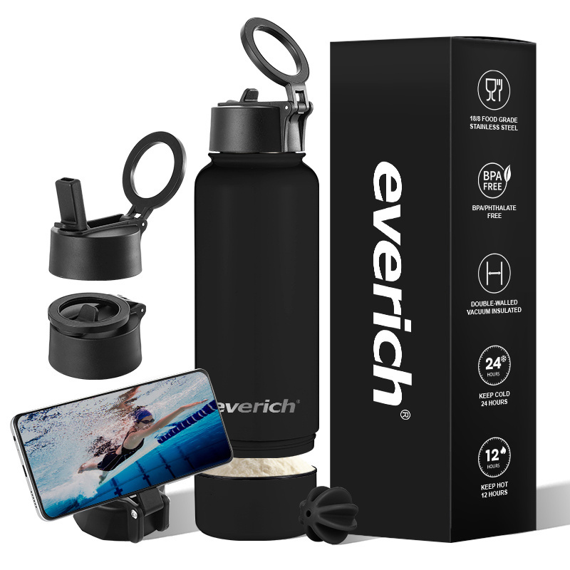 Most Popular Custom Gym Sports Camping Thermal Insulated Wide Mouth Stainless Steel Water Bottle With Magnetic Lid Phone Holder