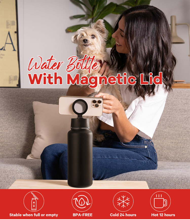 Unique Design 32oz FDA LFGB Stainless Steel Stays Cold Water Bottles with Magnetic Phone Holder Lid Function For Watching Videos