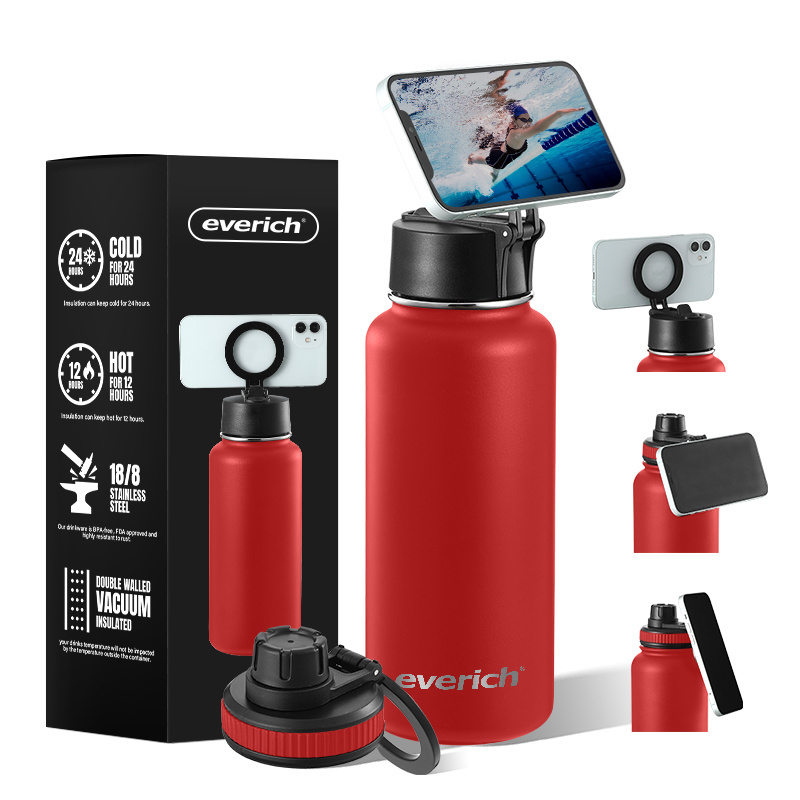 Unique Design 32oz FDA LFGB Stainless Steel Stays Cold Water Bottles with Magnetic Phone Holder Lid Function For Watching Videos