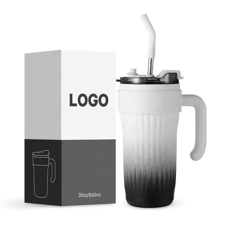 860ml hot & cold drinking insulated double wall stainless steel coffee cup with handle with two using lid,straw & flip lid