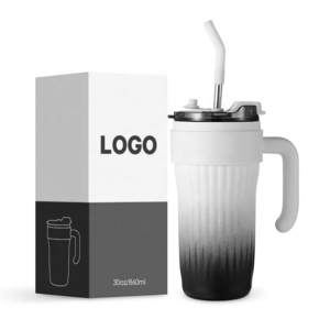 860ml hot & cold drinking insulated double wall stainless steel coffee cup with handle with two using lid,straw & flip lid