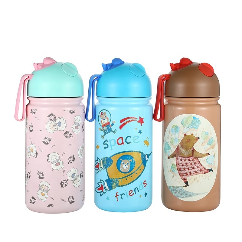 500ml Bpa Free Stainless Steel Water Bottle Straw Drink Cute Design Water Bottle for Children Kids School