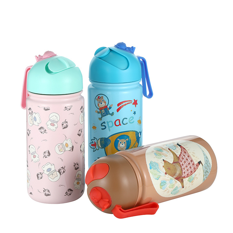 500ml Bpa Free Stainless Steel Water Bottle Straw Drink Cute Design Water Bottle for Children Kids School